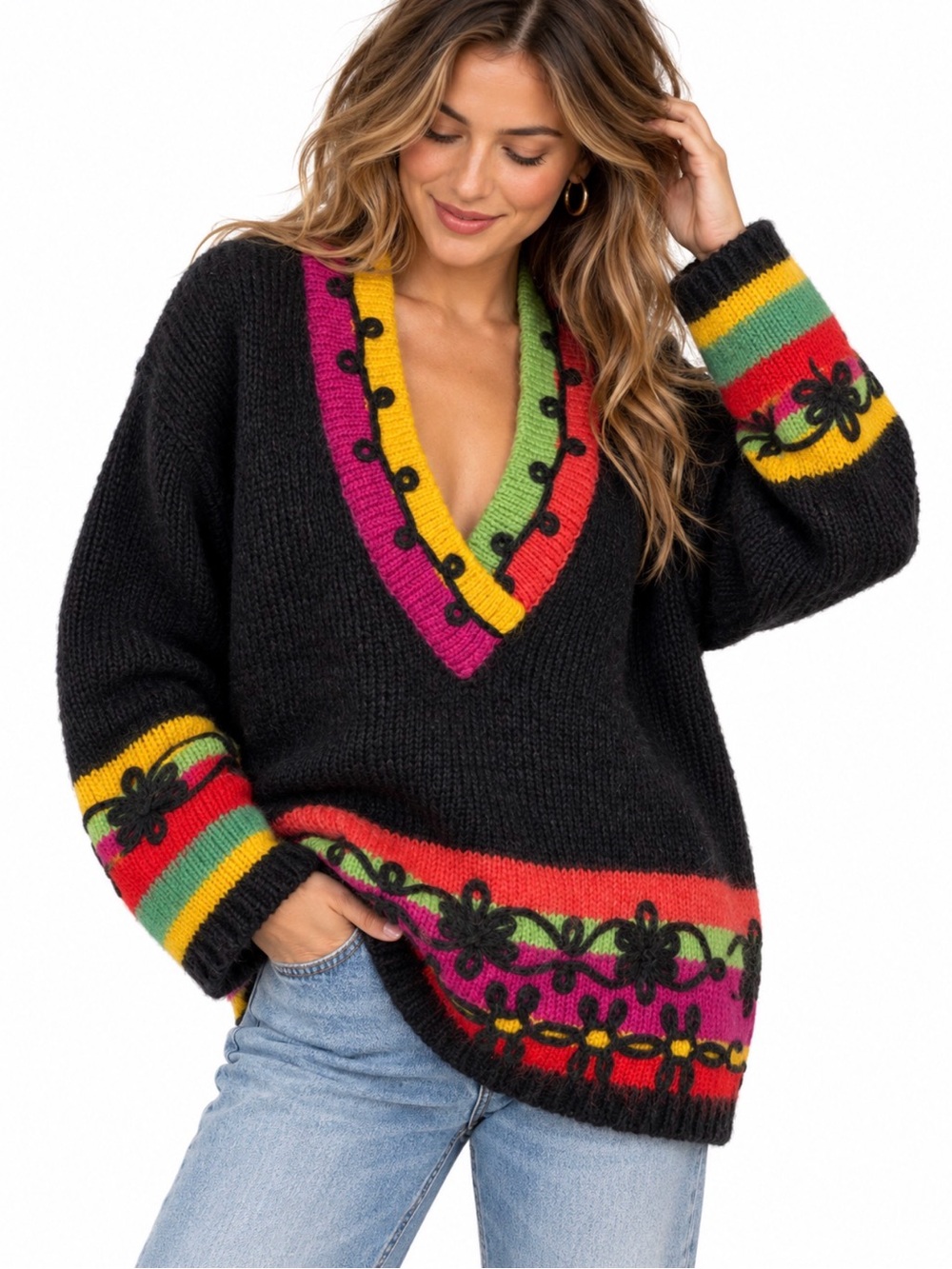 The Limited Black V-Neck Sweater with Pink, Yellow, Green & Red Accents